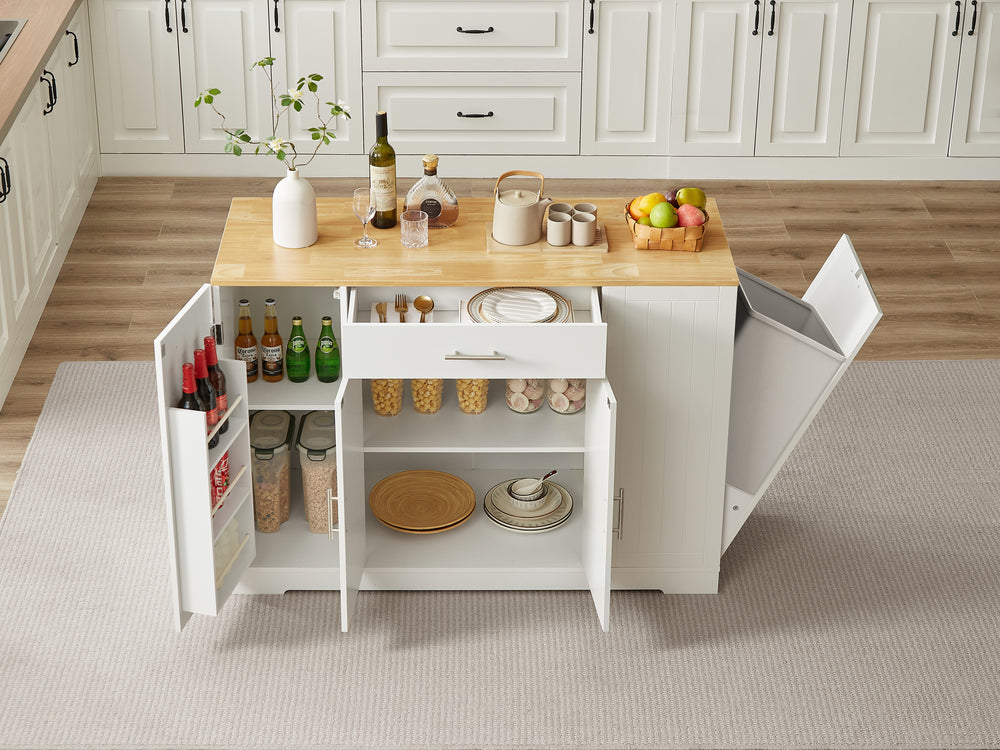 Spacious Kitchen Island with Trash Bin & Storage