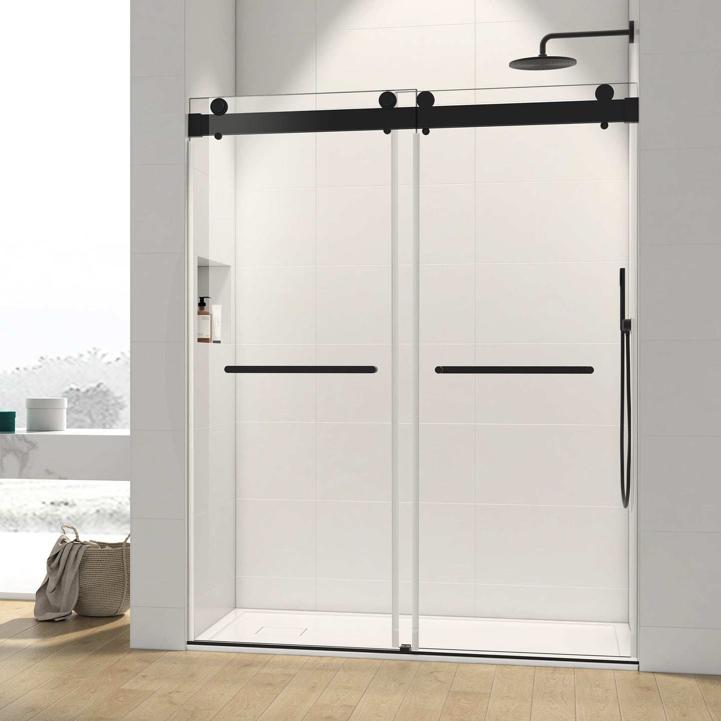 Sleek Matte Black Double Sliding Shower Door with Soft-Close and Clear Glass