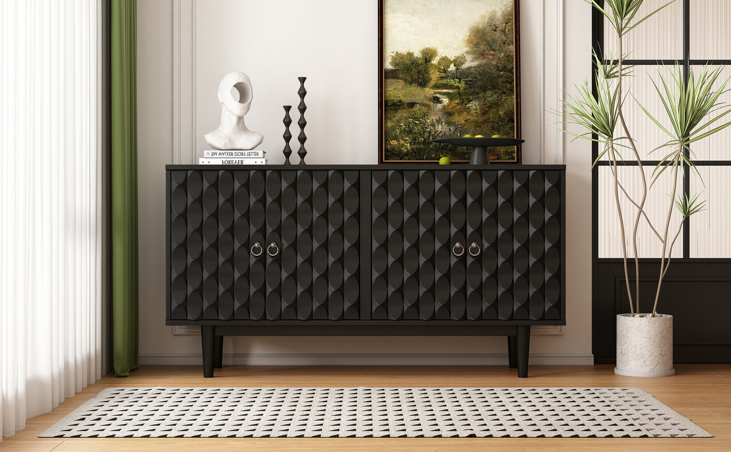 Sleek Black Sideboard with Stylish Curved Doors and Silver Handles