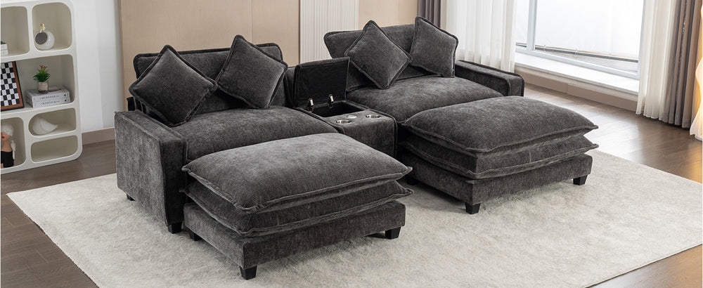 Cozy Black Chenille Sectional Sofa with Ottomans and USB Ports