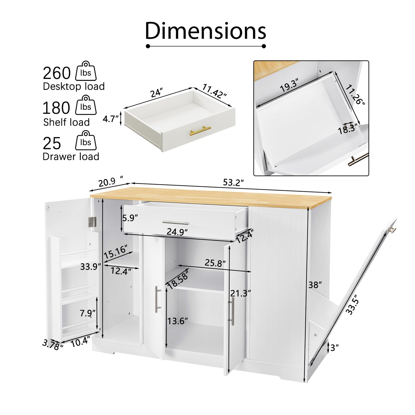 Spacious Kitchen Island with Trash Bin & Storage