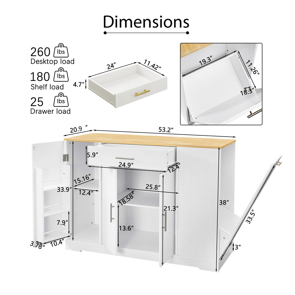 Spacious Kitchen Island with Trash Bin & Storage