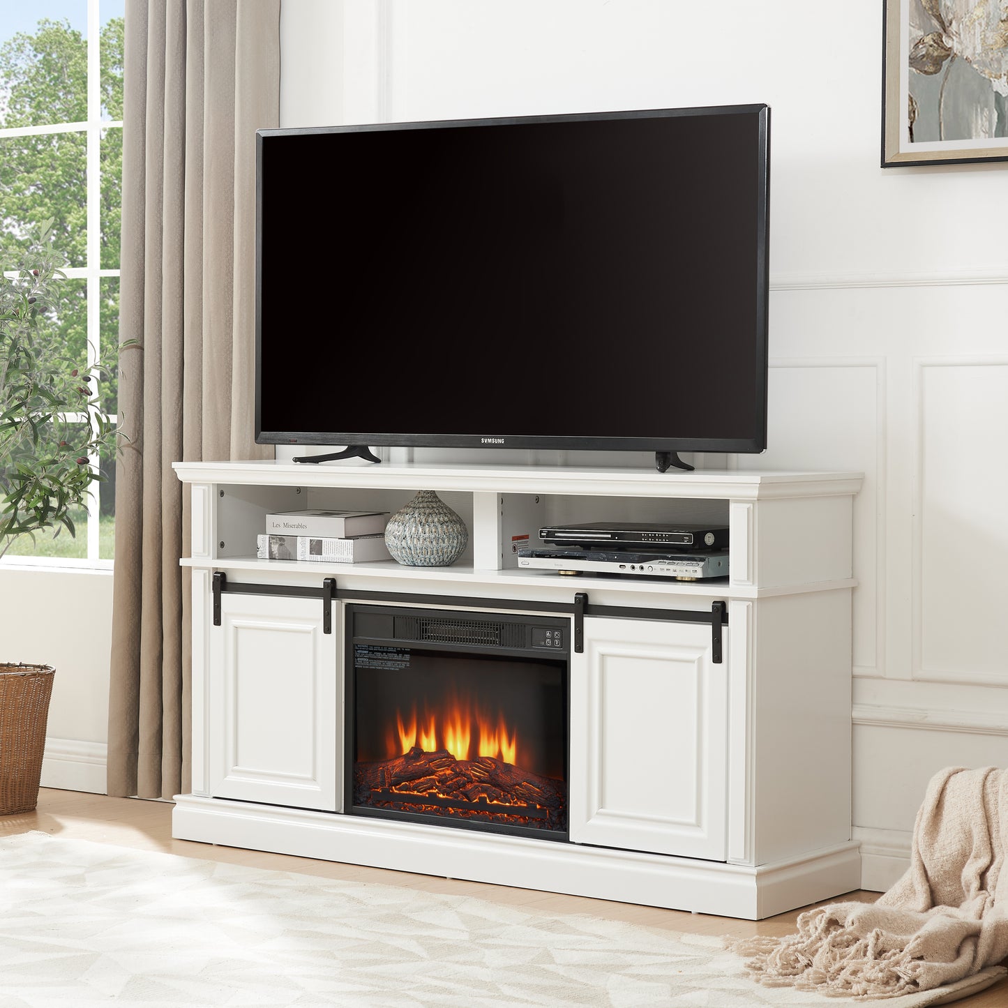 Cozy Mid-Century Media Console with Fireplace & Storage