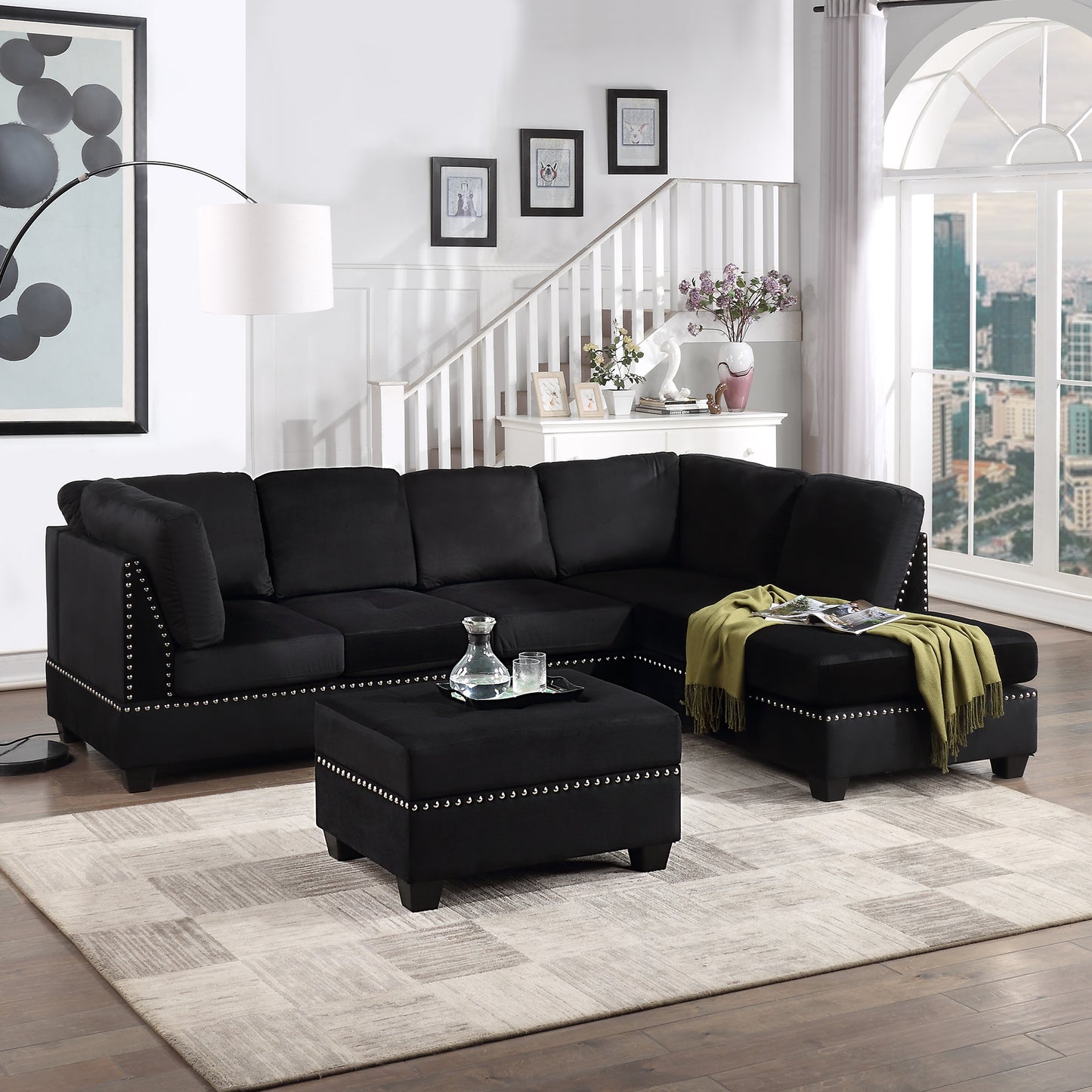 Chic Reversible Sectional Sofa with Storage Ottoman