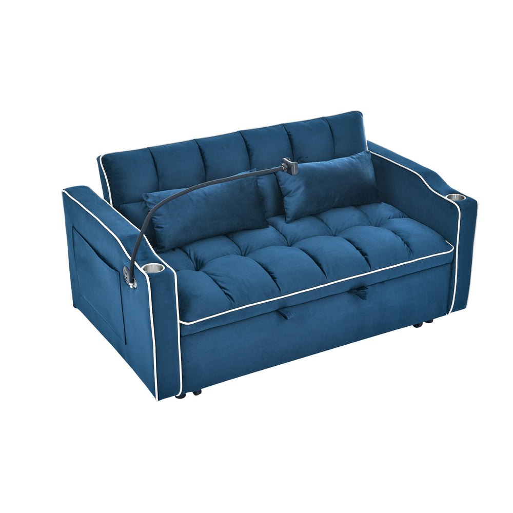 Blue Velvet Dream Sofa Bed: Foldable, Adjustable & USB-Ready