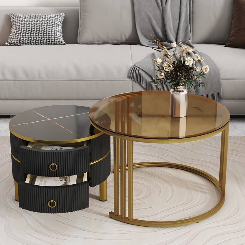 Chic Nesting Coffee Tables with Drawers - Sleek Round Design in Black and Brown Glass
