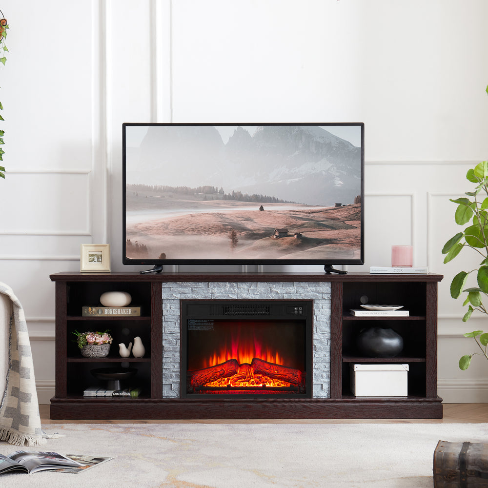 Cozy Cherry TV Stand with Faux Stone and Fireplace