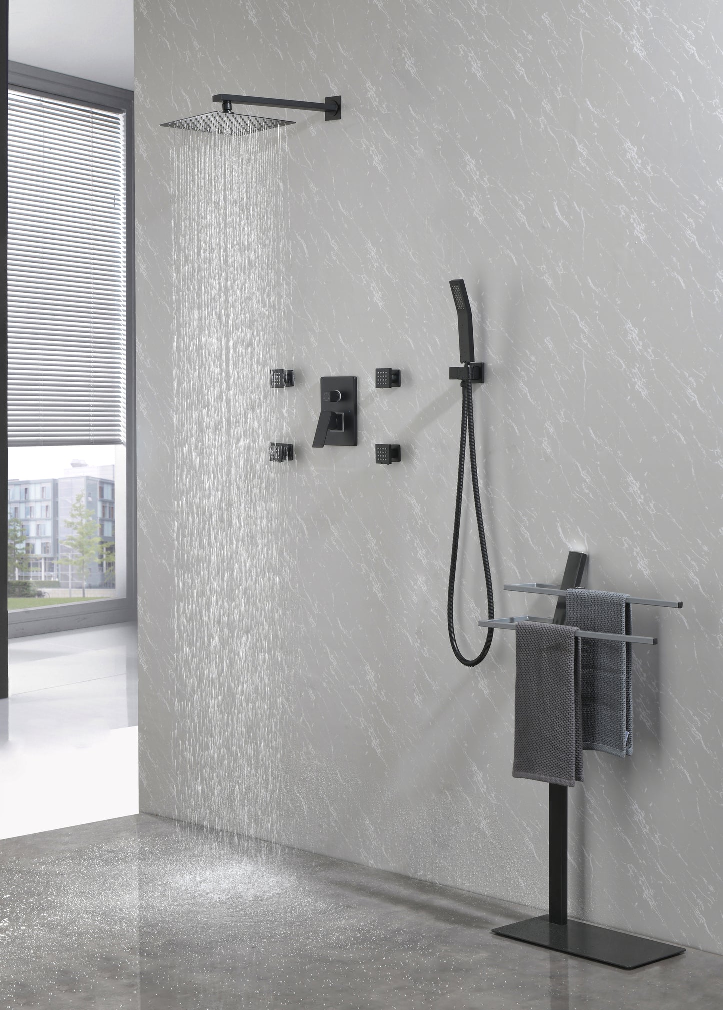 Luxury Matte Black Rainfall Shower Set with Body Jets and Handheld Wand