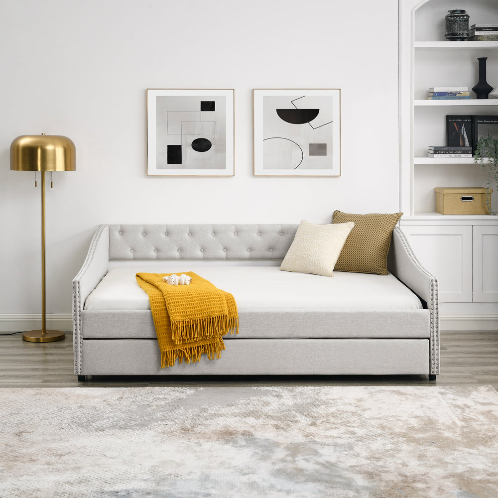 Cozy Chic Daybed with Hidden Trundle - Beige Tufted Sofa Bed