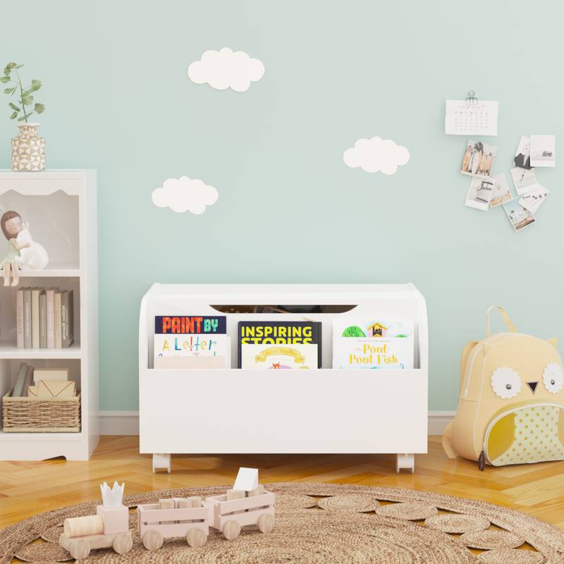 Whimsical Wooden Toy Chest with Wheels & Bookshelf