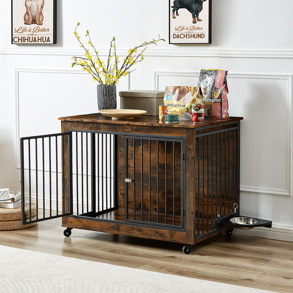 Rustic Dog Crate Side Table with Rotating Bowl and Wheels