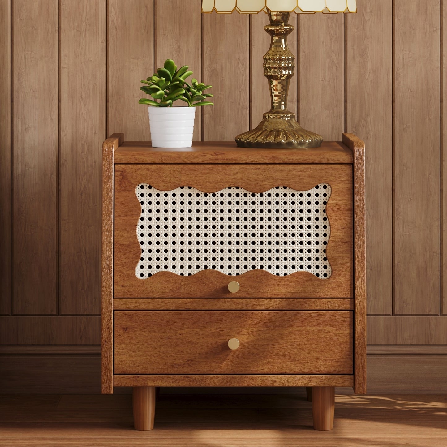 Chic Rattan Nightstand with Drawer - Elegant Walnut Design