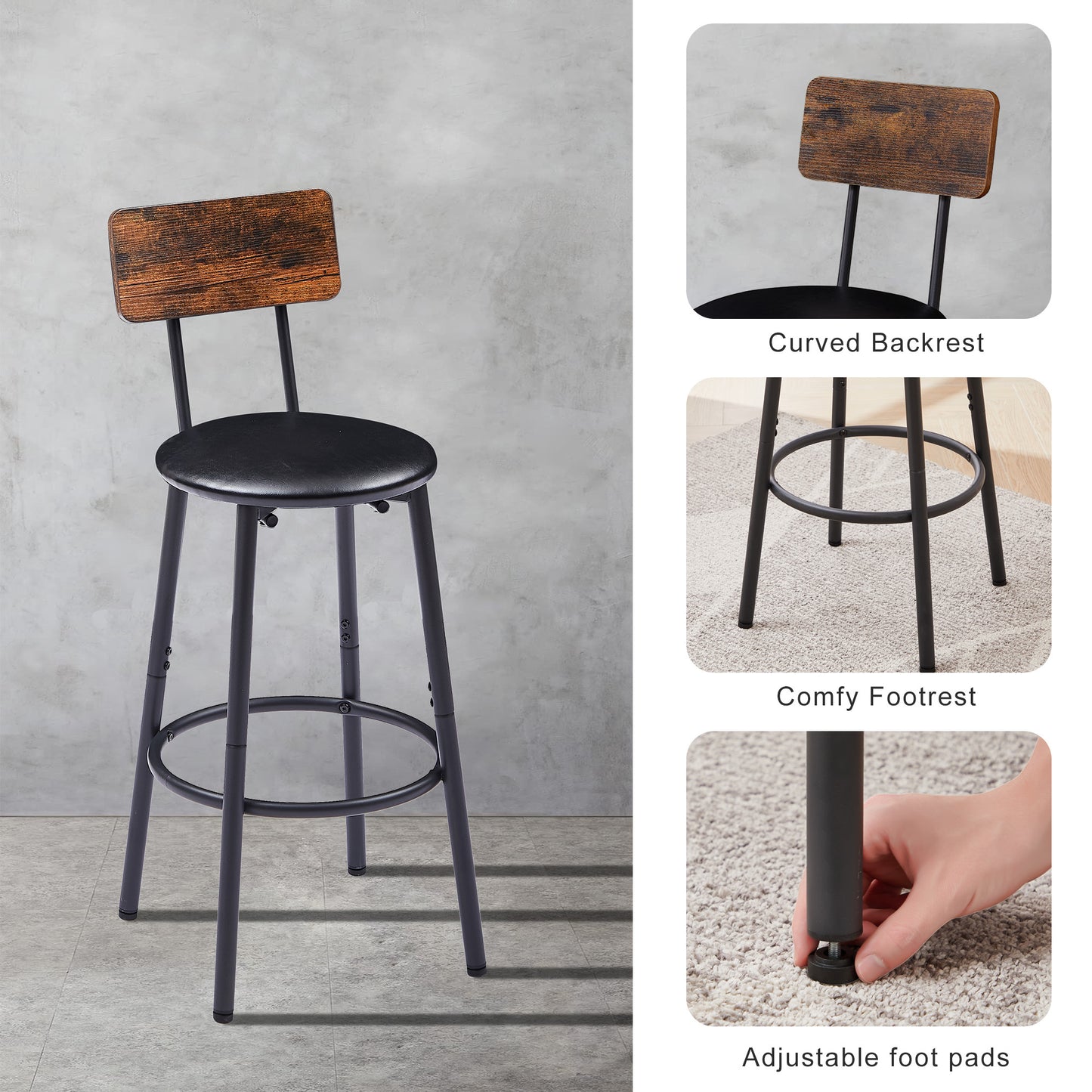 Rustic Charm Bar Stool Duo with Shelf and Backrest