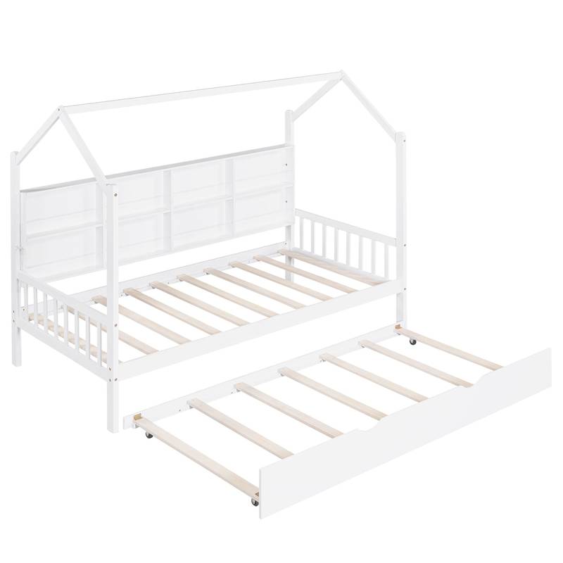 Cozy Wood House Bed with Trundle for Kids