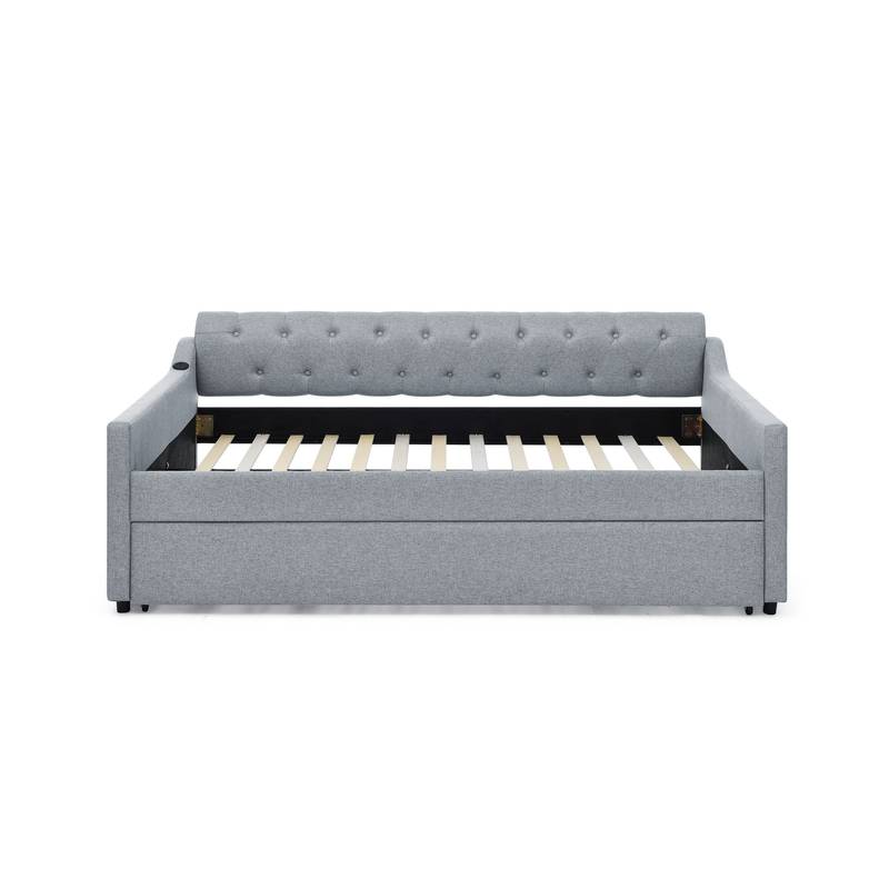 Linen Grey Daybed with Trundle and USB Charging