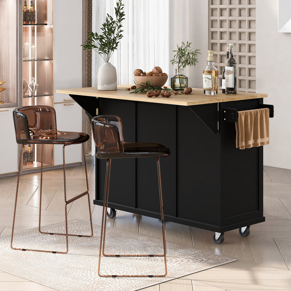 Versatile Black Kitchen Cart with Drop-Leaf Top and Storage Wheels