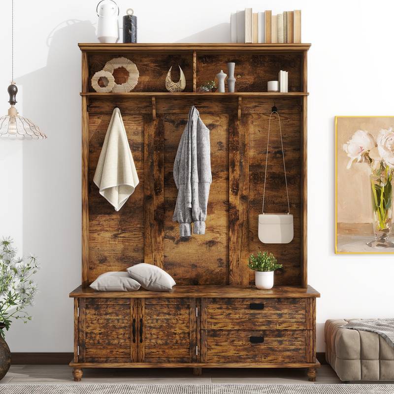 Rustic Charm Hall Tree with Storage and Hooks