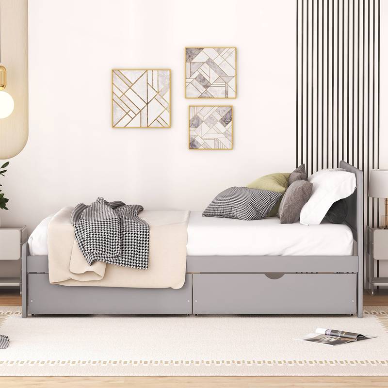 Chic Grey Twin Platform Bed with Storage Drawers