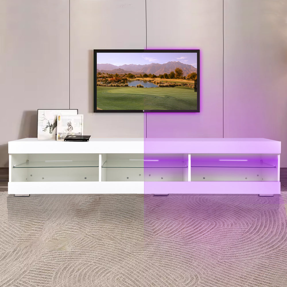 Sleek LED TV Stand with Glass Shelves and Storage