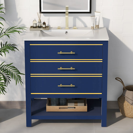 Navy Bliss: Stylish Bathroom Vanity with Open Storage