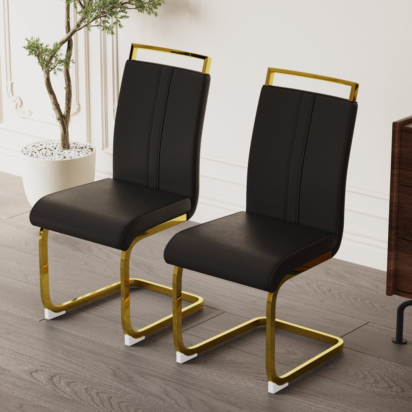 Chic Faux Leather Dining Chairs with Gold Legs - Set of Two