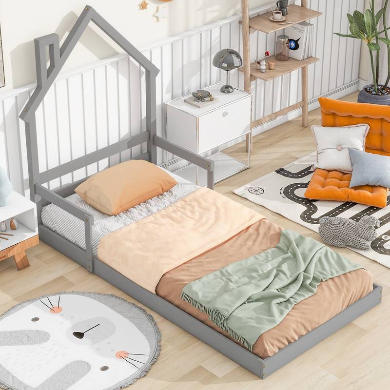 Cozy Twin House Bed with Handrails - Grey