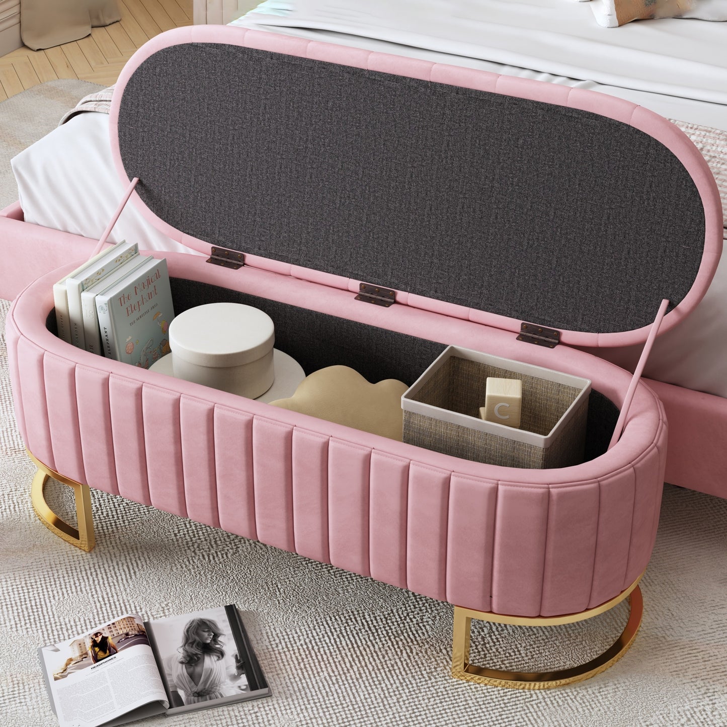 Chic Velvet Storage Ottoman with Button-Tufted Style in Pink