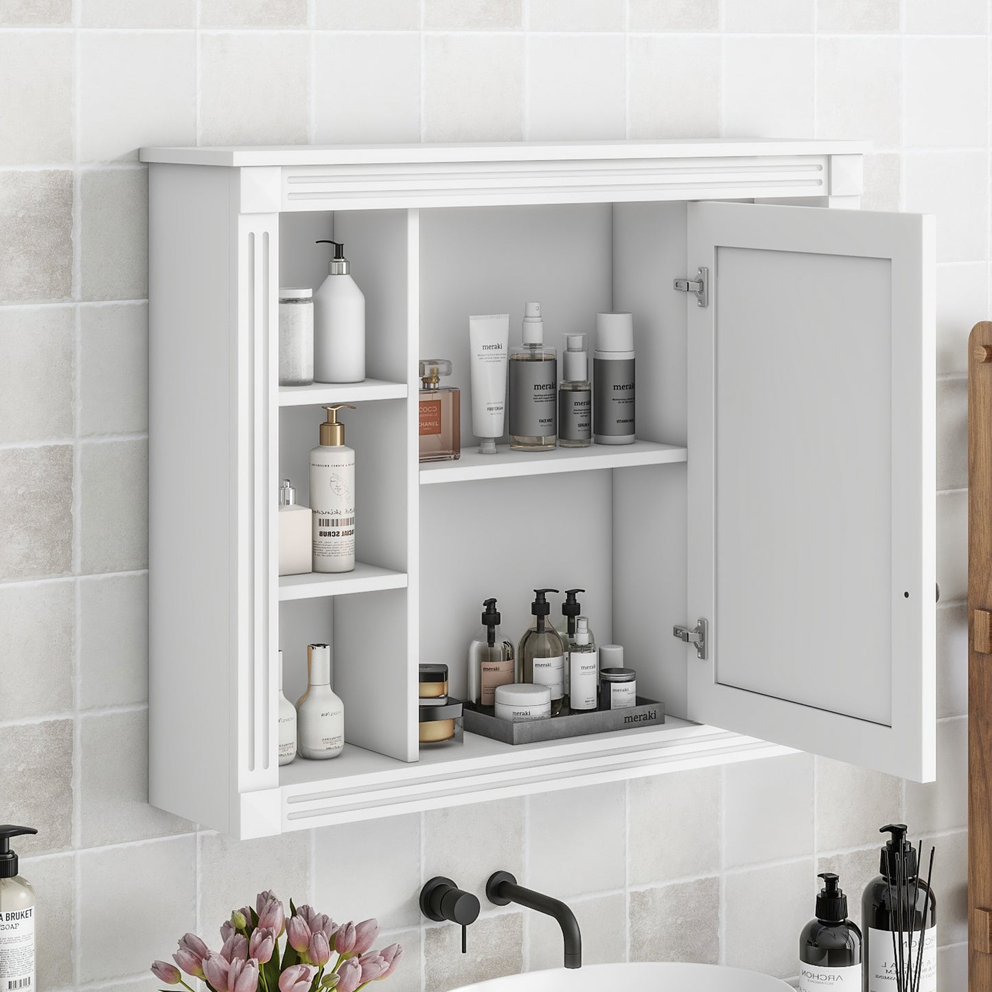 Sleek Mirror Storage Cabinet with Open Shelves