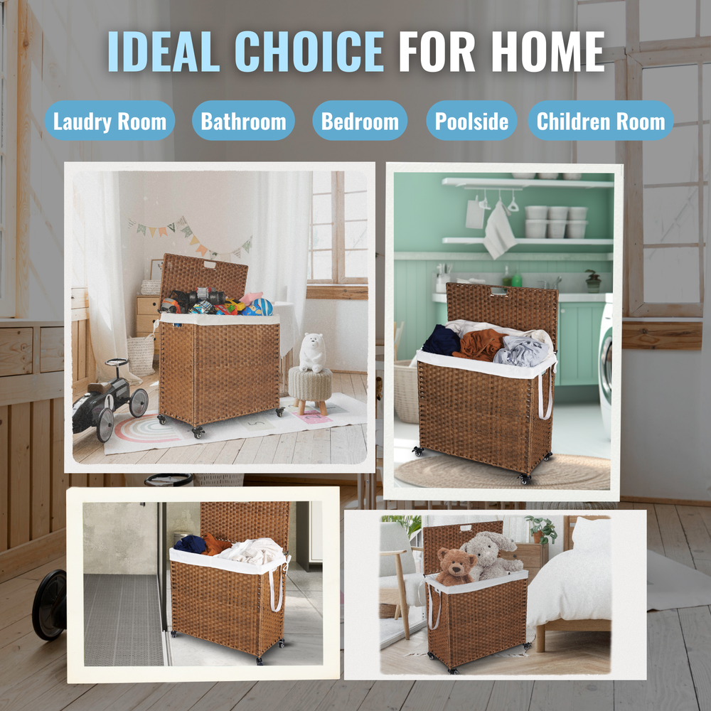 Stylish Brown Laundry Hamper with Lids and Wheels