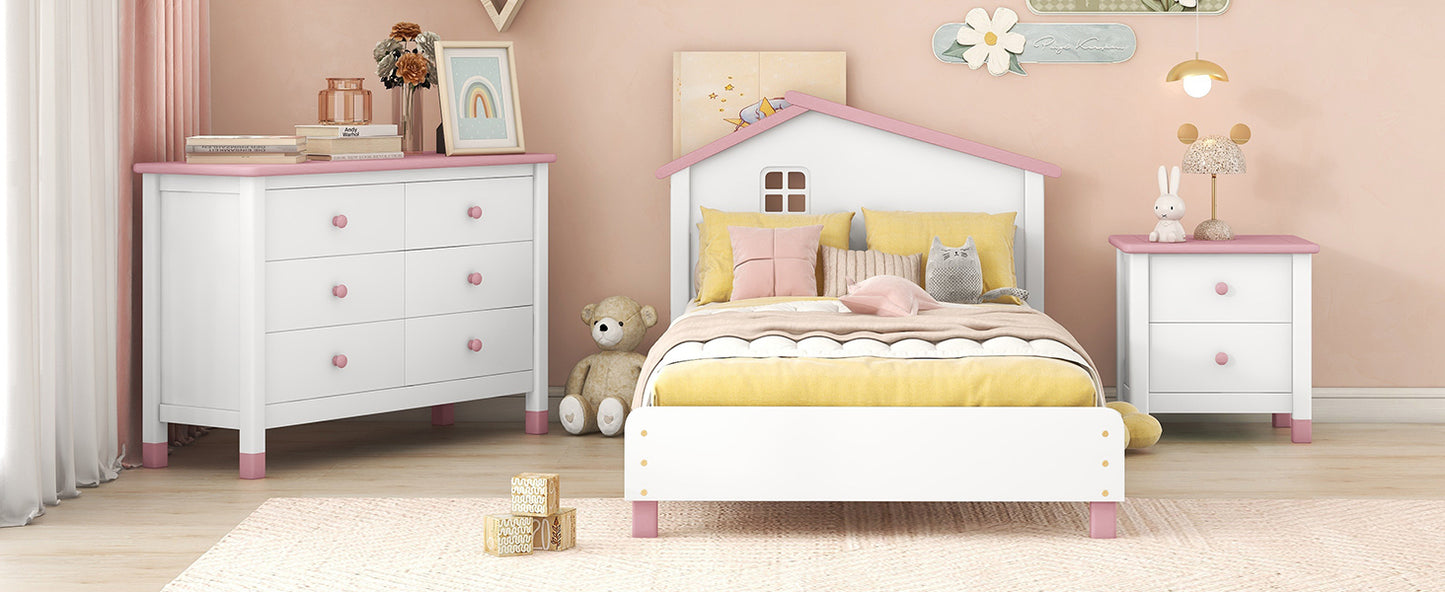 Chic Twin Bedroom Set with Nightstand and Storage Dresser in White and Pink