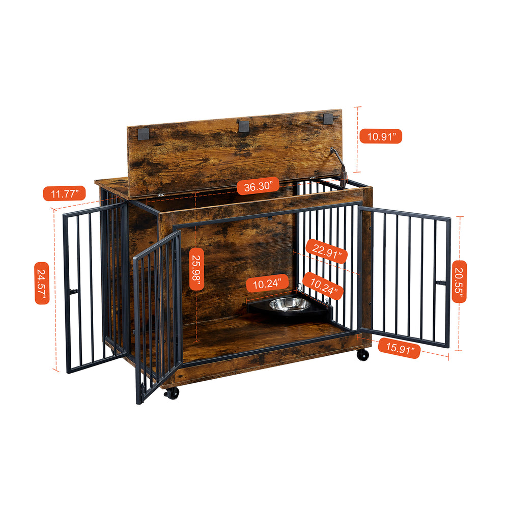 Rustic Dog Crate Side Table with Rotating Bowl and Wheels