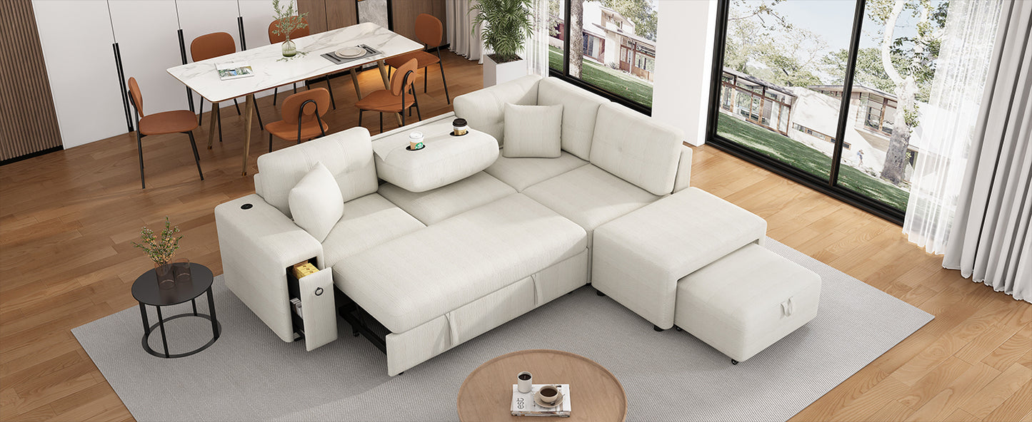 Haven L-Shaped Sofa Bed with Ottoman & USB Ports - Beige