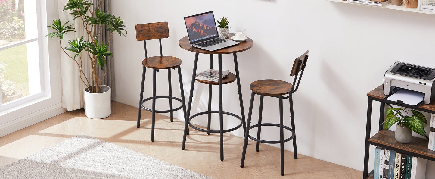 Rustic Round Bar Stool Set with Backrest and Shelves