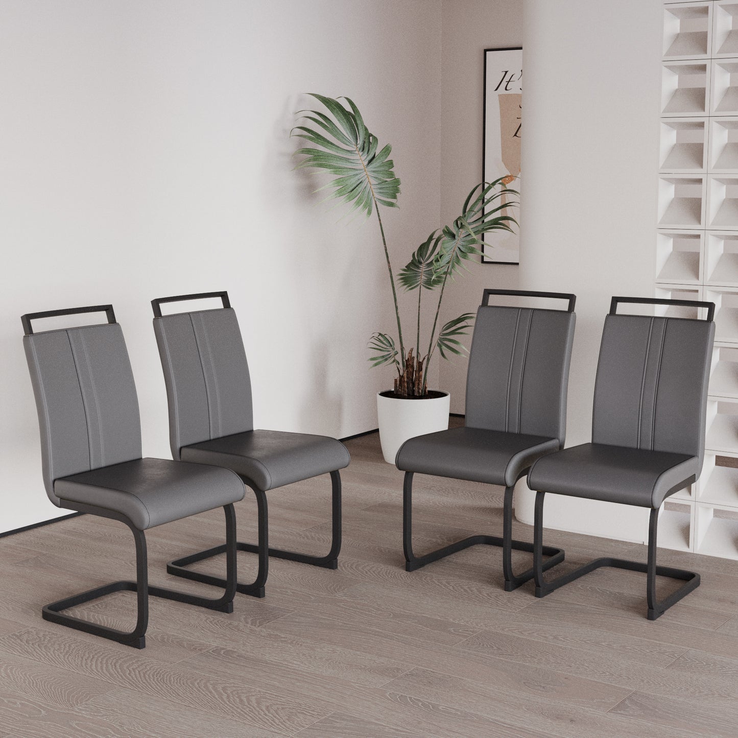 Stylish Grey Faux Leather Dining Chairs - Set of Four