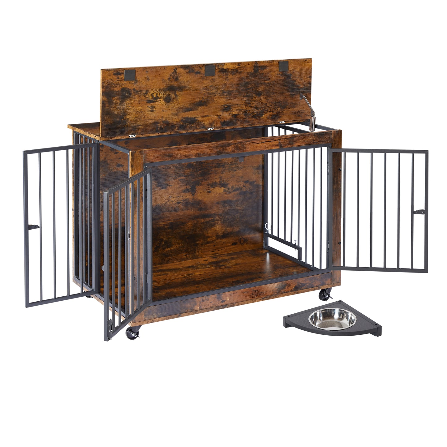 Rustic Dog Crate Side Table with Rotating Bowl and Wheels