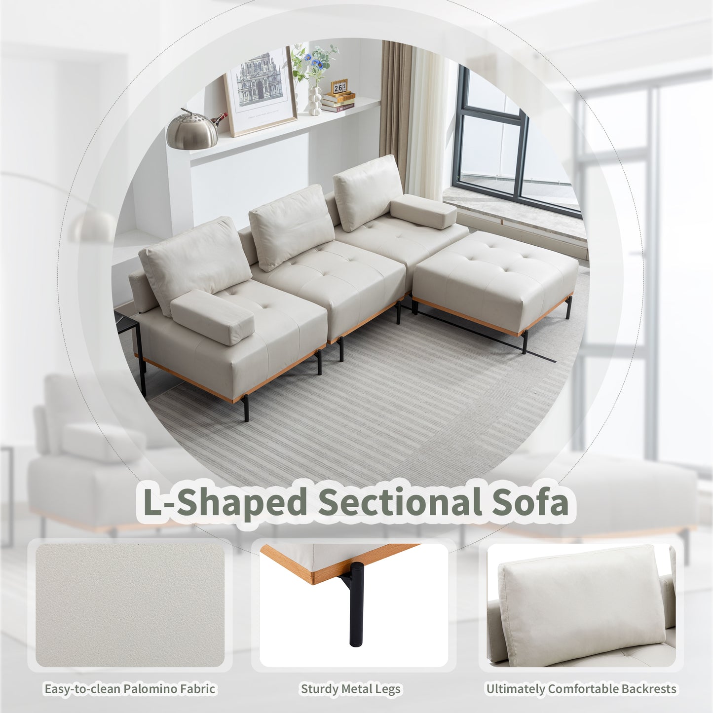 Cozy L-Shaped Sectional Sofa with Ottoman - Plush Beige Comfort for Your Living Room