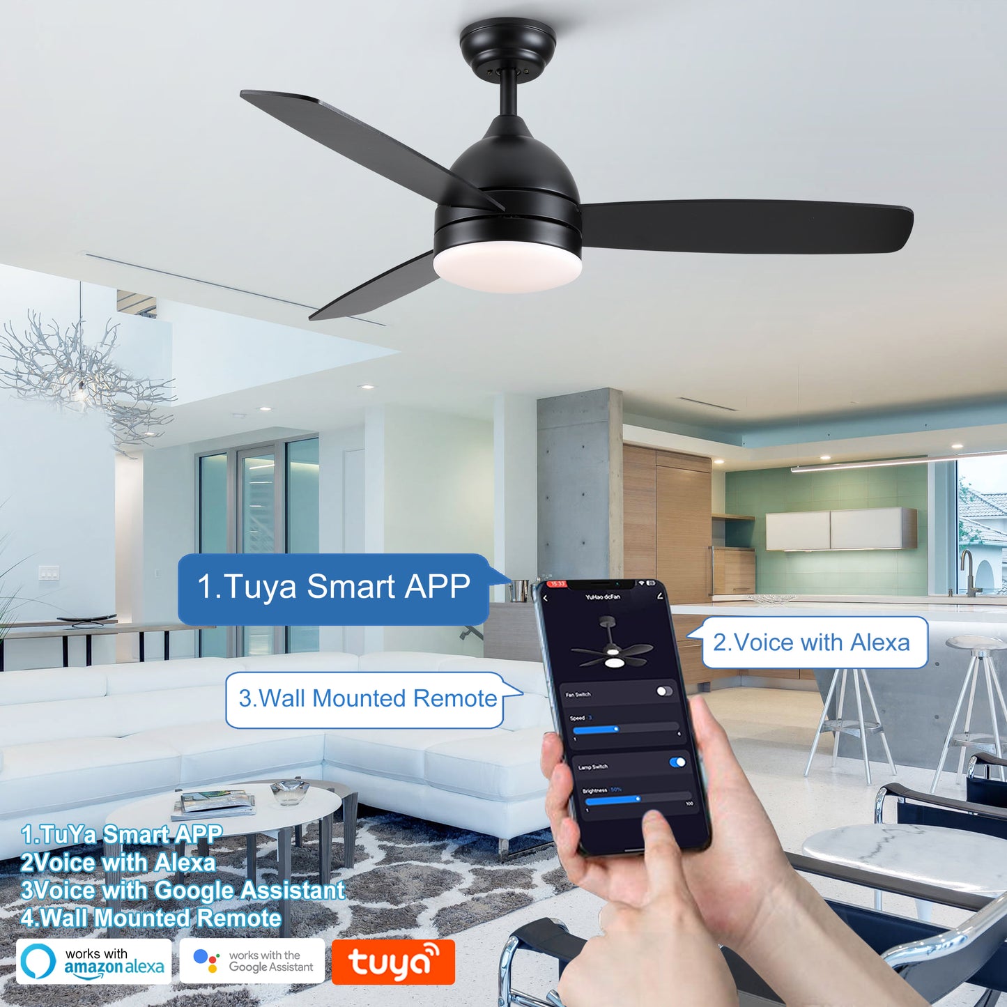 Sleek LED Ceiling Fan with Remote and Wood Blades