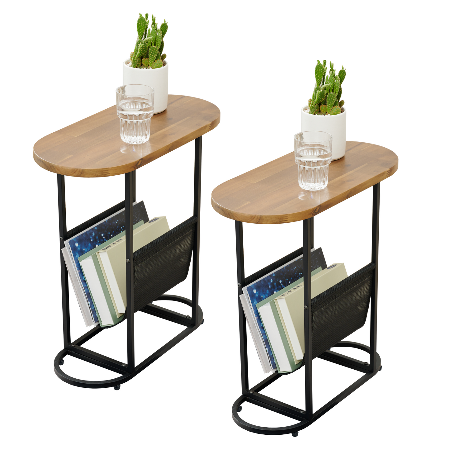 Chic Acacia Oval Side Tables with Magazine Storage