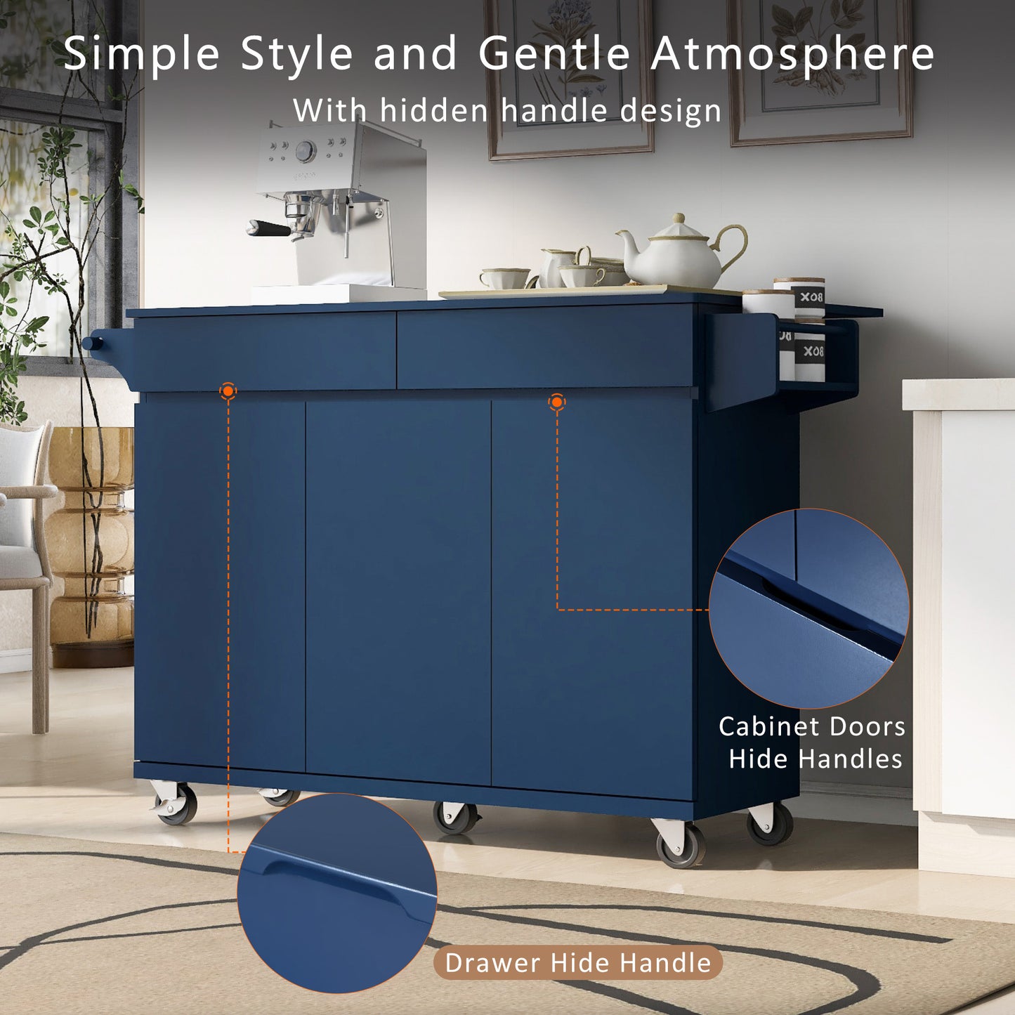 Navy Blue Rolling Kitchen Island with Drop Leaf & Storage