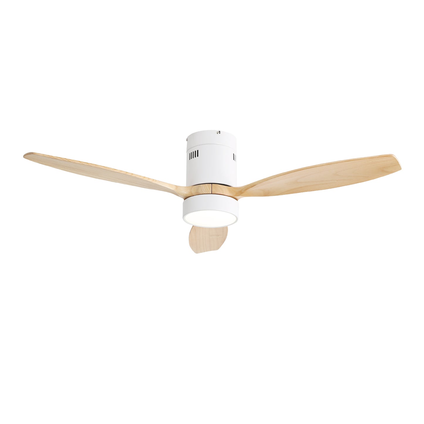 WhisperWind Flush Mount Ceiling Fan with Wood Blades and Remote Light