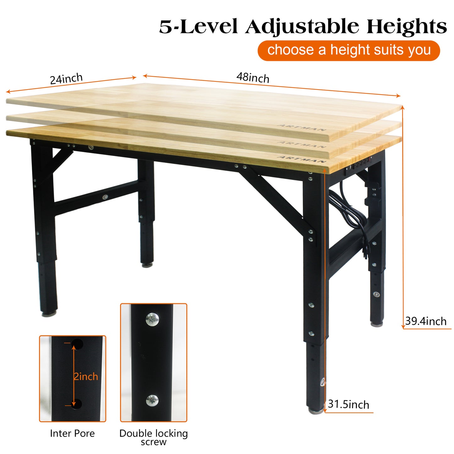 Versatile Wooden-Top Worktable with Built-In Socket