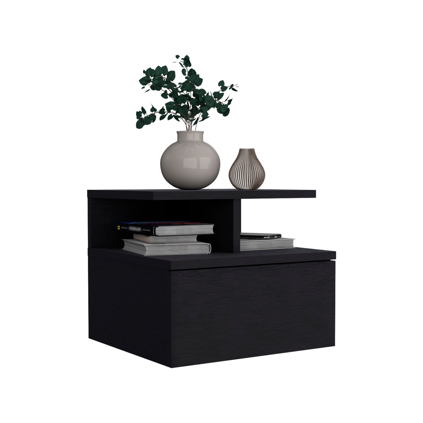 Sleek Floating Nightstand with Drawer & Shelf - Black