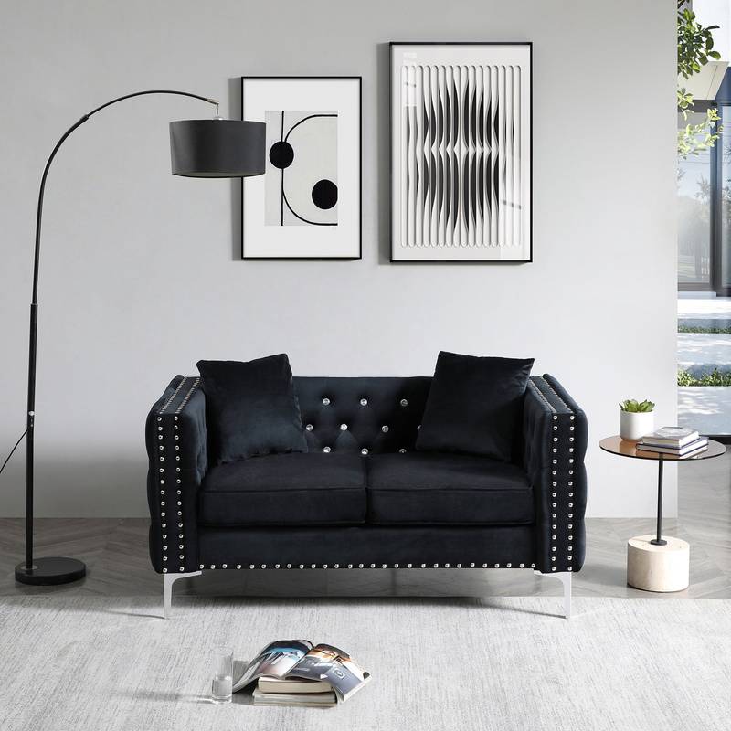 Luxurious Black Velvet Jewel Button Sofa with Pillows