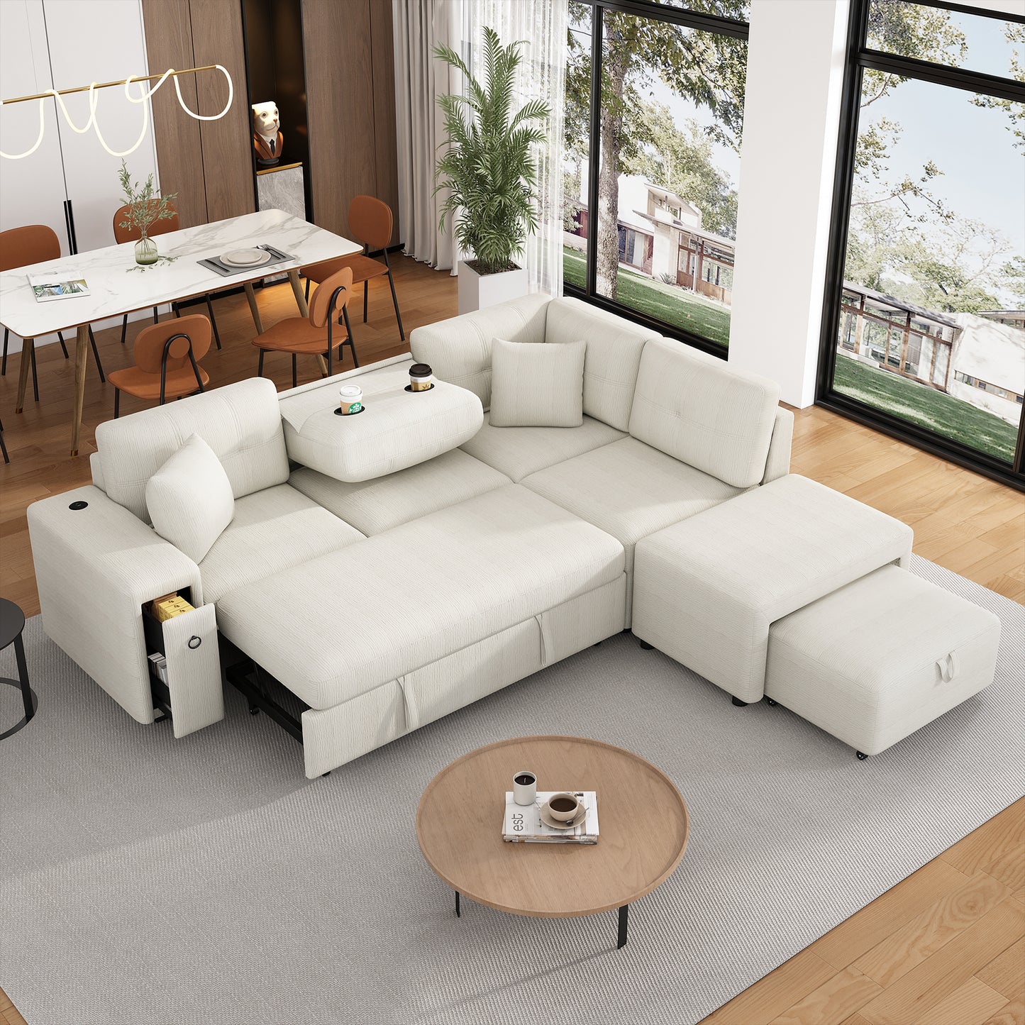 Haven L-Shaped Sofa Bed with Ottoman & USB Ports - Beige