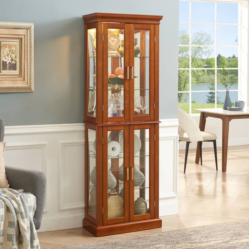 Luminous Walnut Curio Cabinet with Adjustable Shelves and Mirror Back