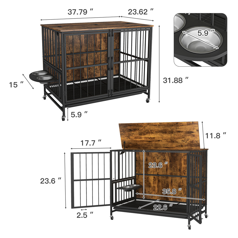 Stylish Dog Crate with Adjustable Feeder and Removable Tray