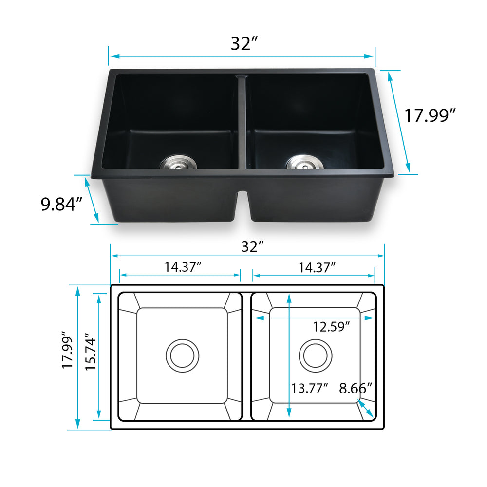 Double Bowl Undermount Kitchen Sink with Strainer