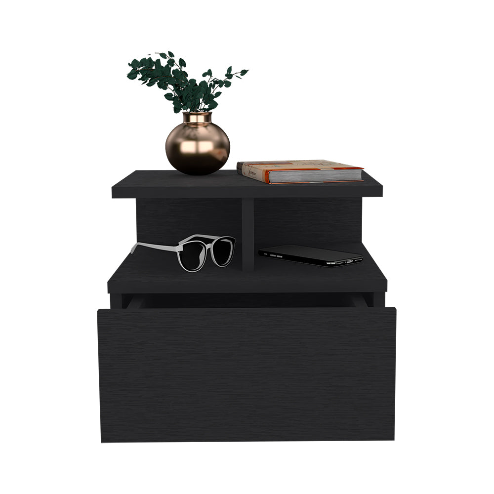 Sleek Black Floating Nightstand with Drawer