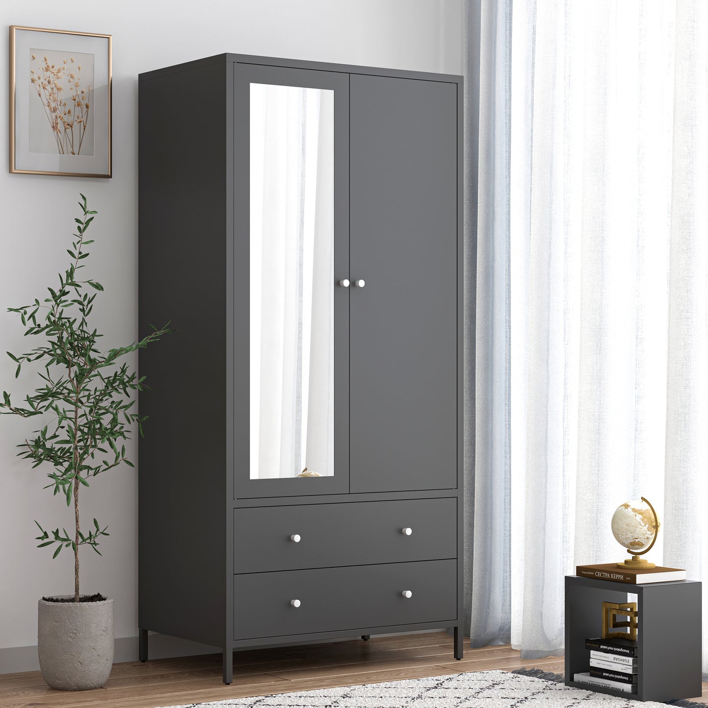 Sleek Metal Wardrobe with Mirror & Drawers