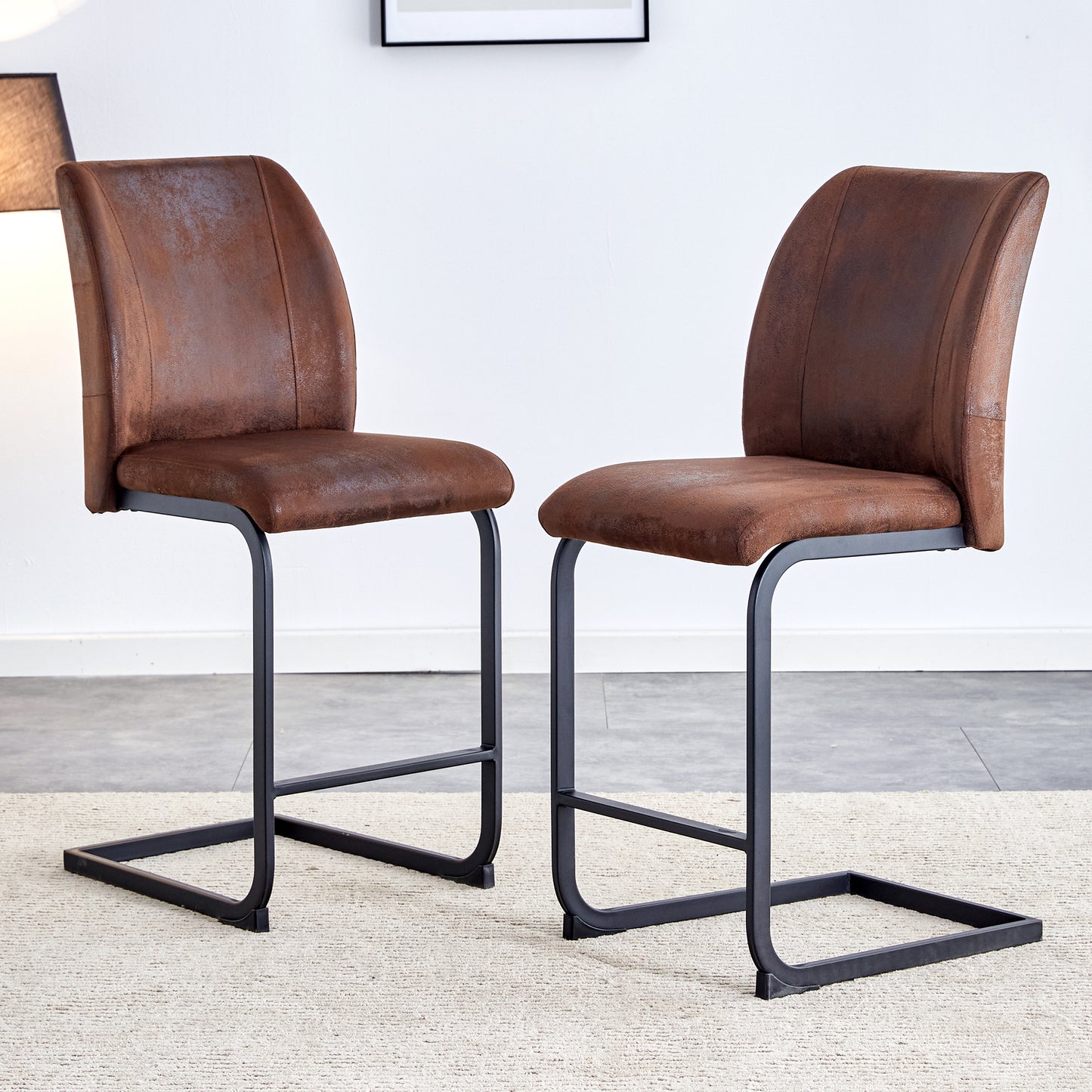 Chic Duo: Suede Cushioned Brown Chairs with Stylish Metal Legs